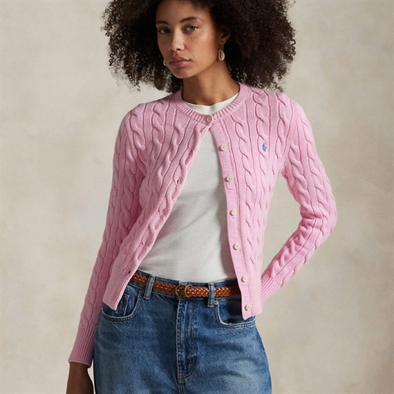 Polo Ralph Lauren Cable-Knit Cotton Crewneck Cardigan, Camel Pink